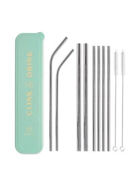 DesignWorks Ink Mint Stainless Steel Straw Set with Gold-Stamped Case